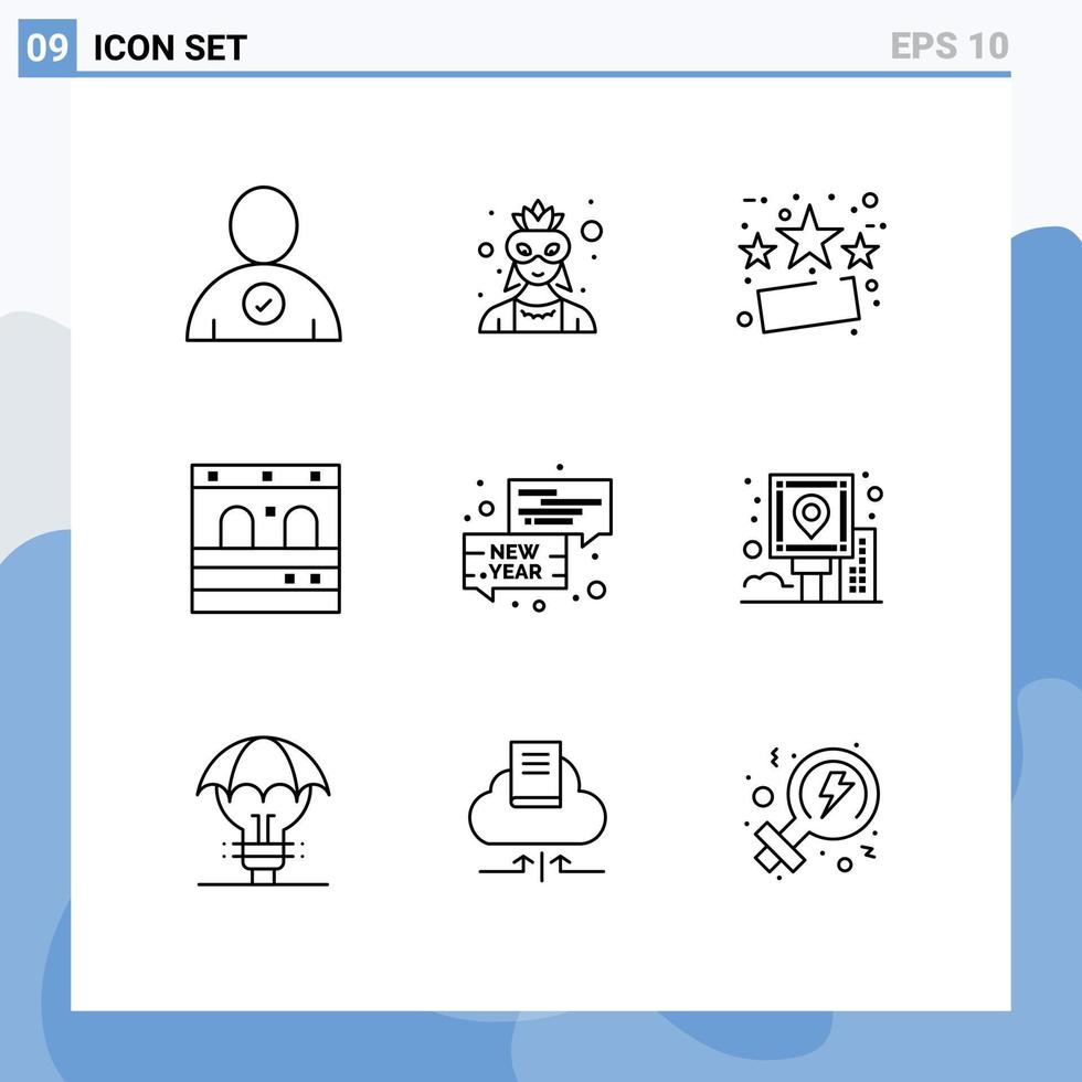 Modern Set of 9 Outlines Pictograph of new year chat friday bubble garage Editable Vector Design Elements