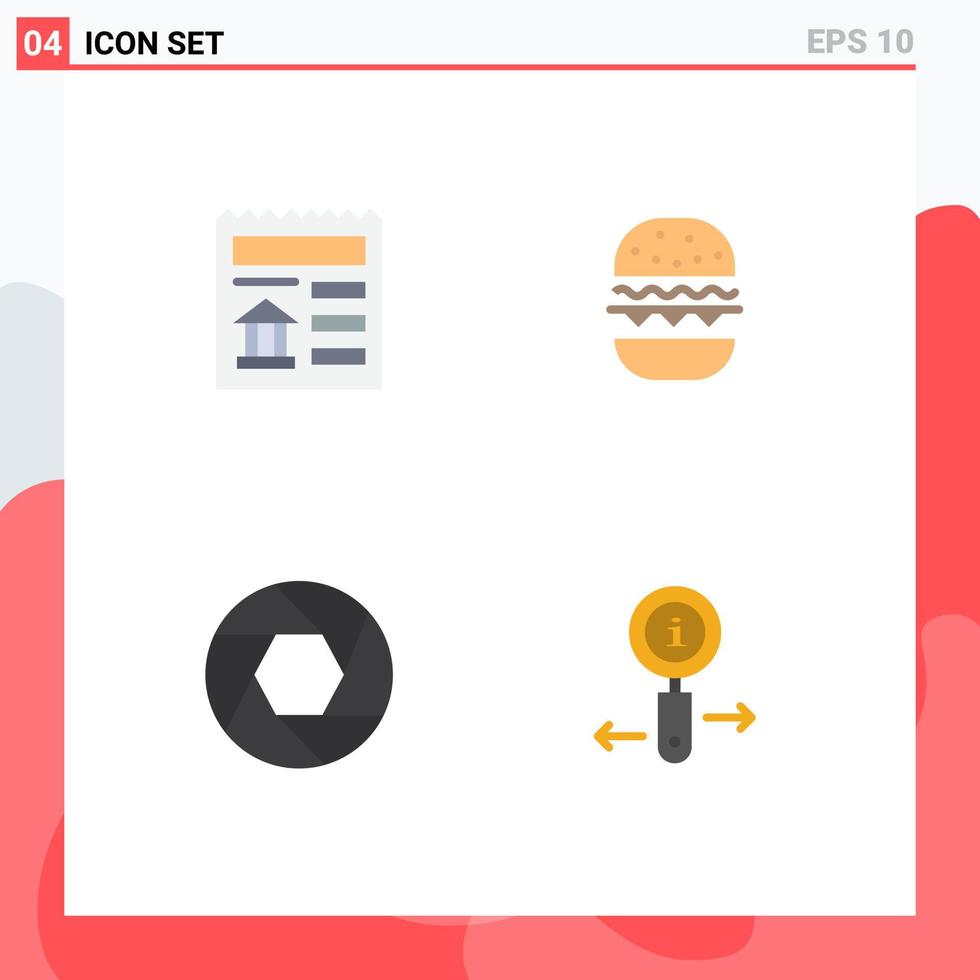 Mobile Interface Flat Icon Set of 4 Pictograms of basic camera bank eat photo Editable Vector Design Elements