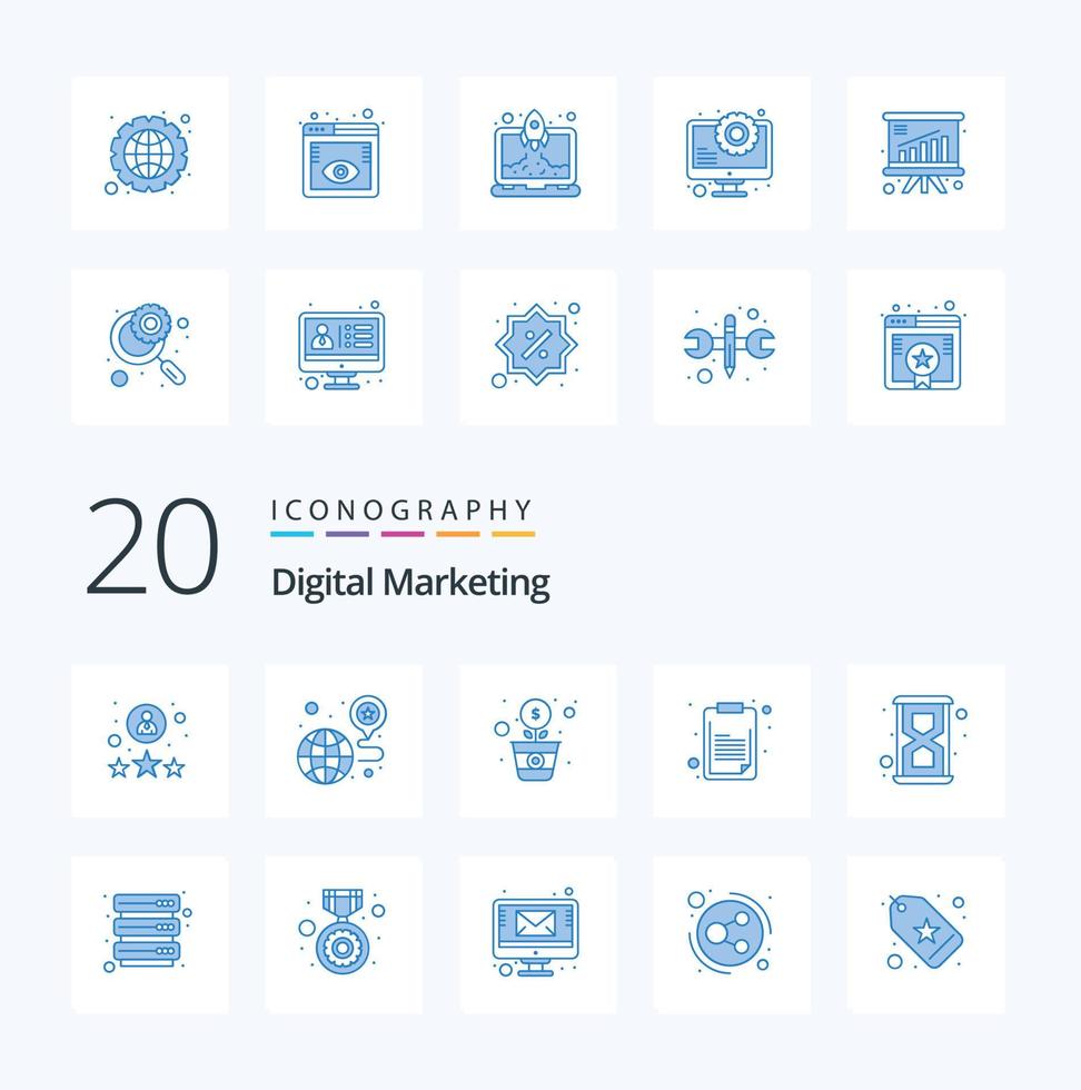 20 Digital Marketing Blue Color icon Pack like hour dollar tasks clipboard vector