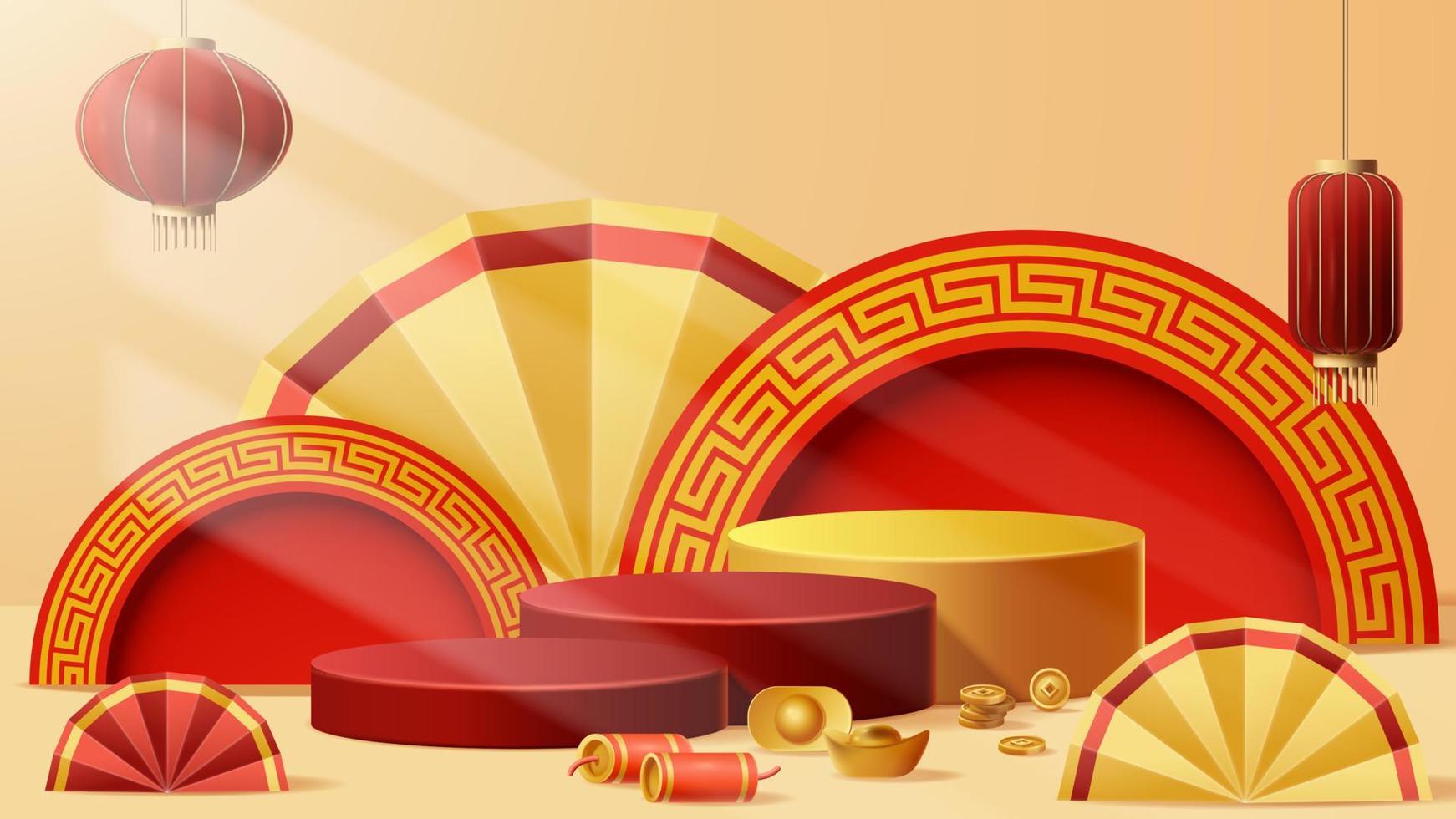 Chinese New Year display podium decoration background with chinese ornament. Vector 3D Illustration