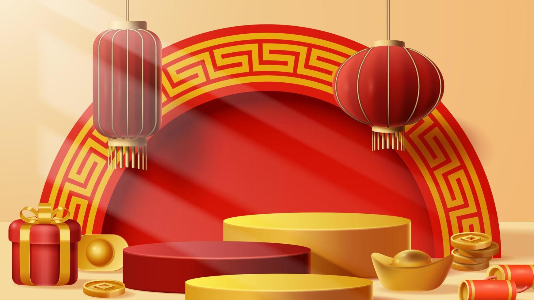 Chinese New Year display podium decoration background with chinese ornament. Vector 3D Illustration