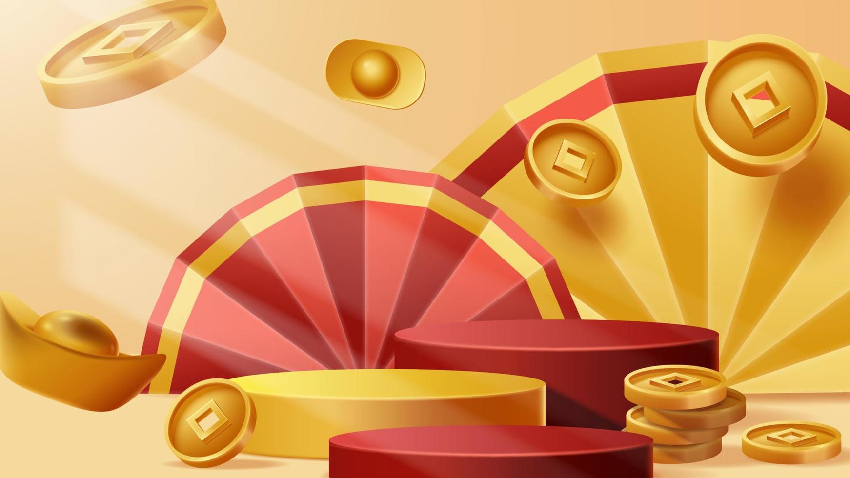 Chinese New Year display podium decoration background with chinese ornament. Vector 3D Illustration