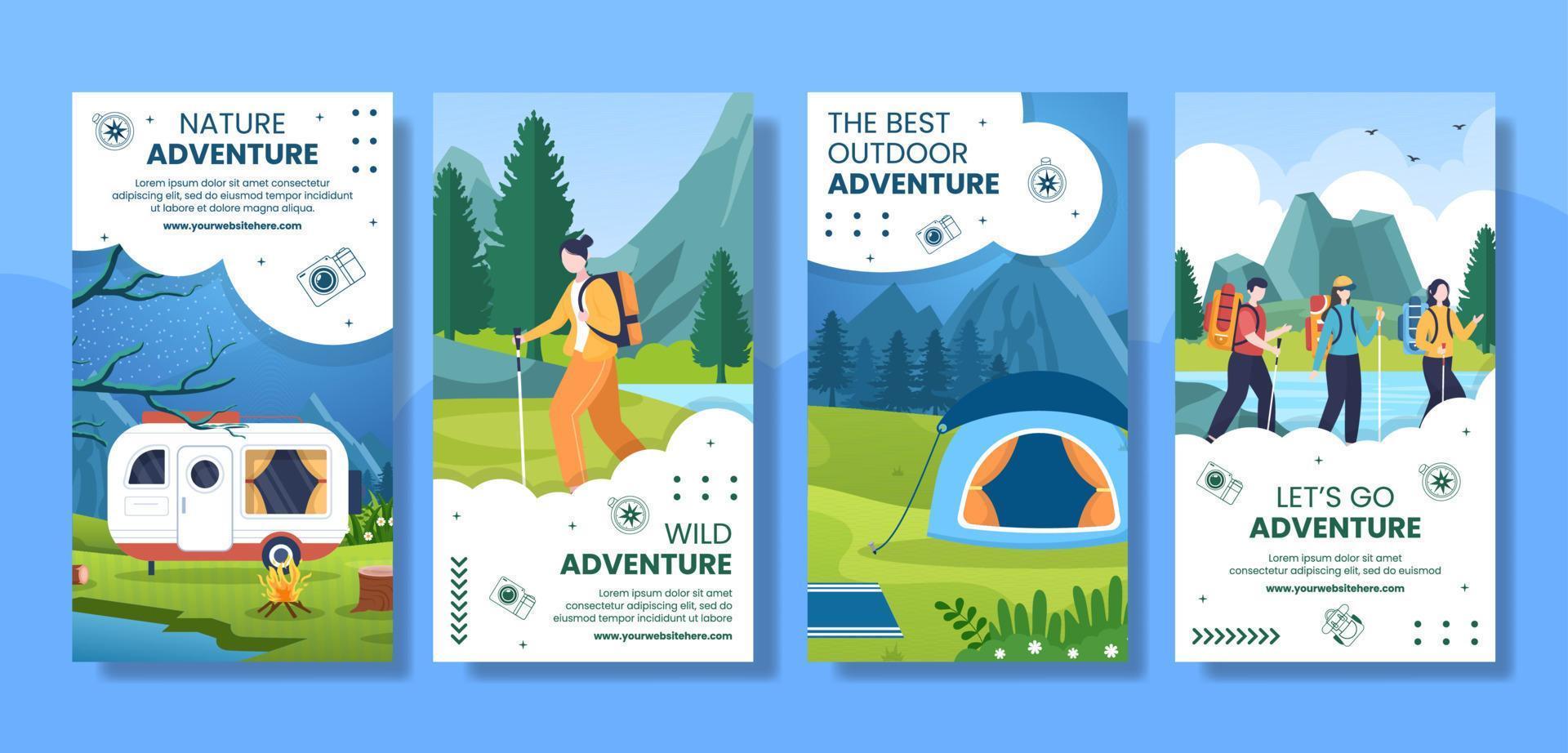 Nature Adventurer or Vacation Social Media Stories Flat Cartoon Hand Drawn Templates Illustration vector