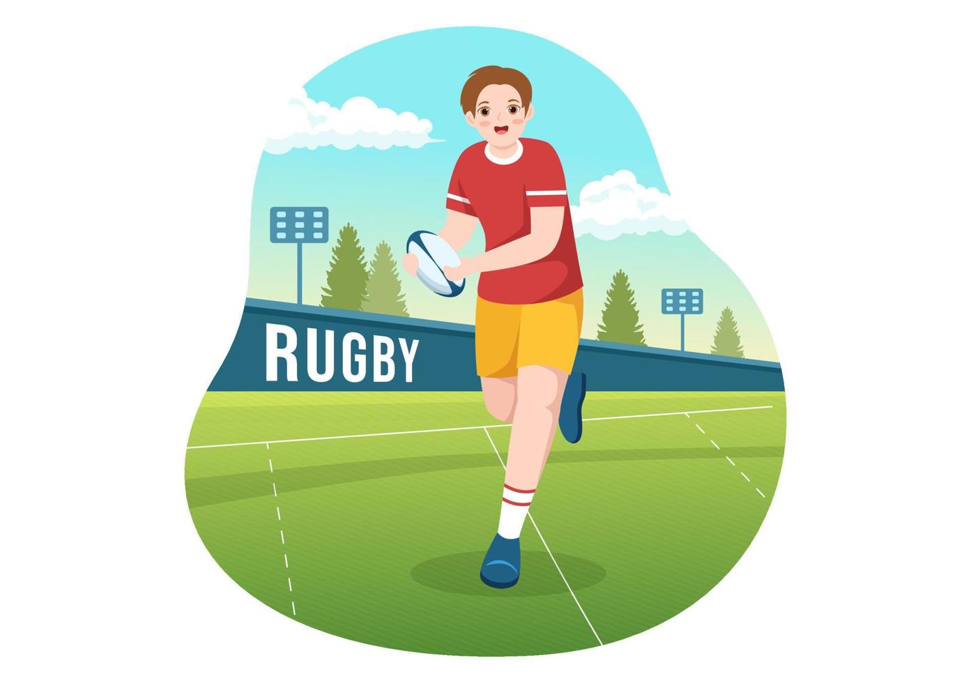 jugador de rugby corriendo ilustración con una pelota en el deporte de campeonato para banner web o página de inicio en plantillas planas dibujadas a mano de dibujos animados vector