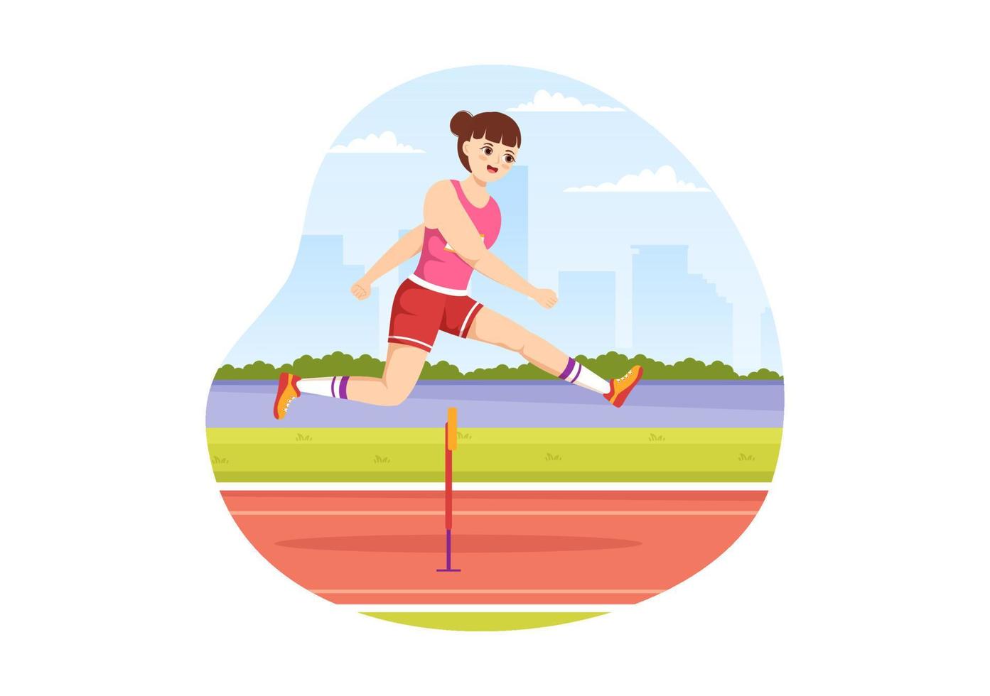 Athlete Run Hurdle Long Jump Sportsman Game Illustration in Obstacle Running for Web Banner or Landing Page in Flat Cartoon Hand Drawn Templates vector