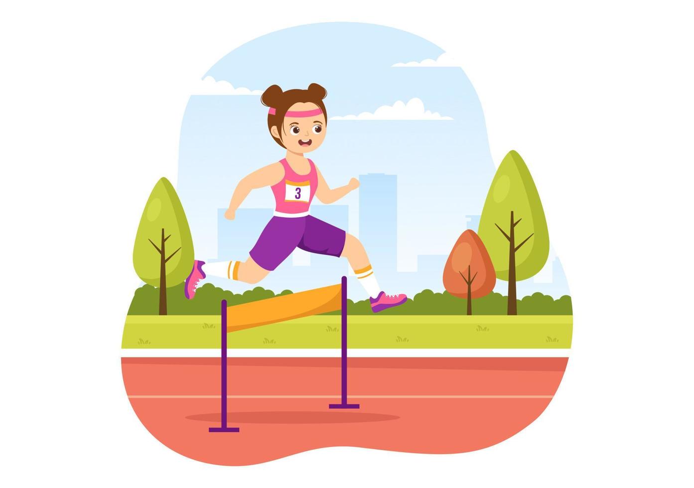 Kids Athlete Run Hurdle Long Jump Sportsman Game Illustration in Obstacle Running for Web Banner or Landing Page in Cartoon Hand Drawn Templates vector