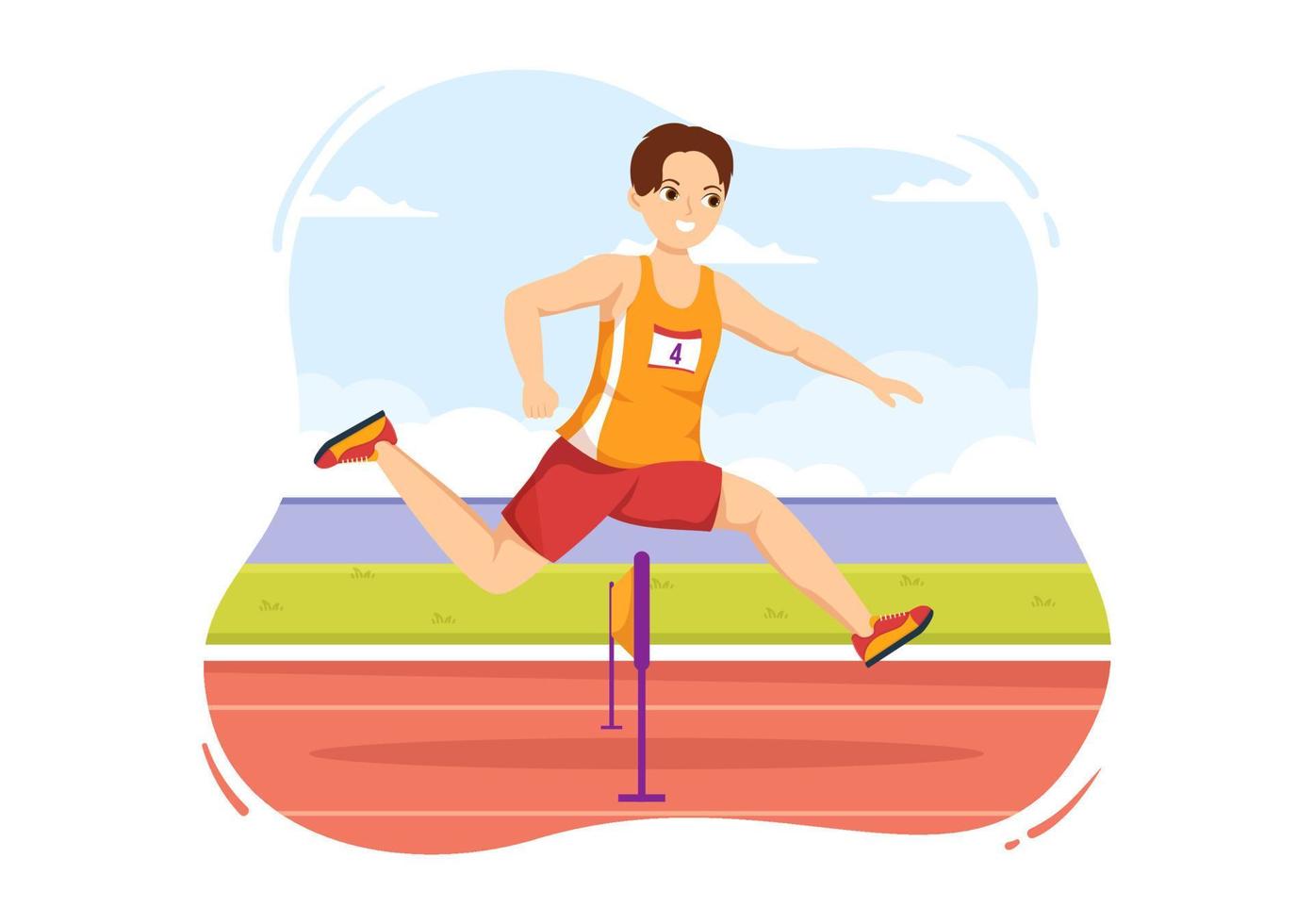 Athlete Run Hurdle Long Jump Sportsman Game Illustration in Obstacle Running for Web Banner or Landing Page in Flat Cartoon Hand Drawn Templates vector
