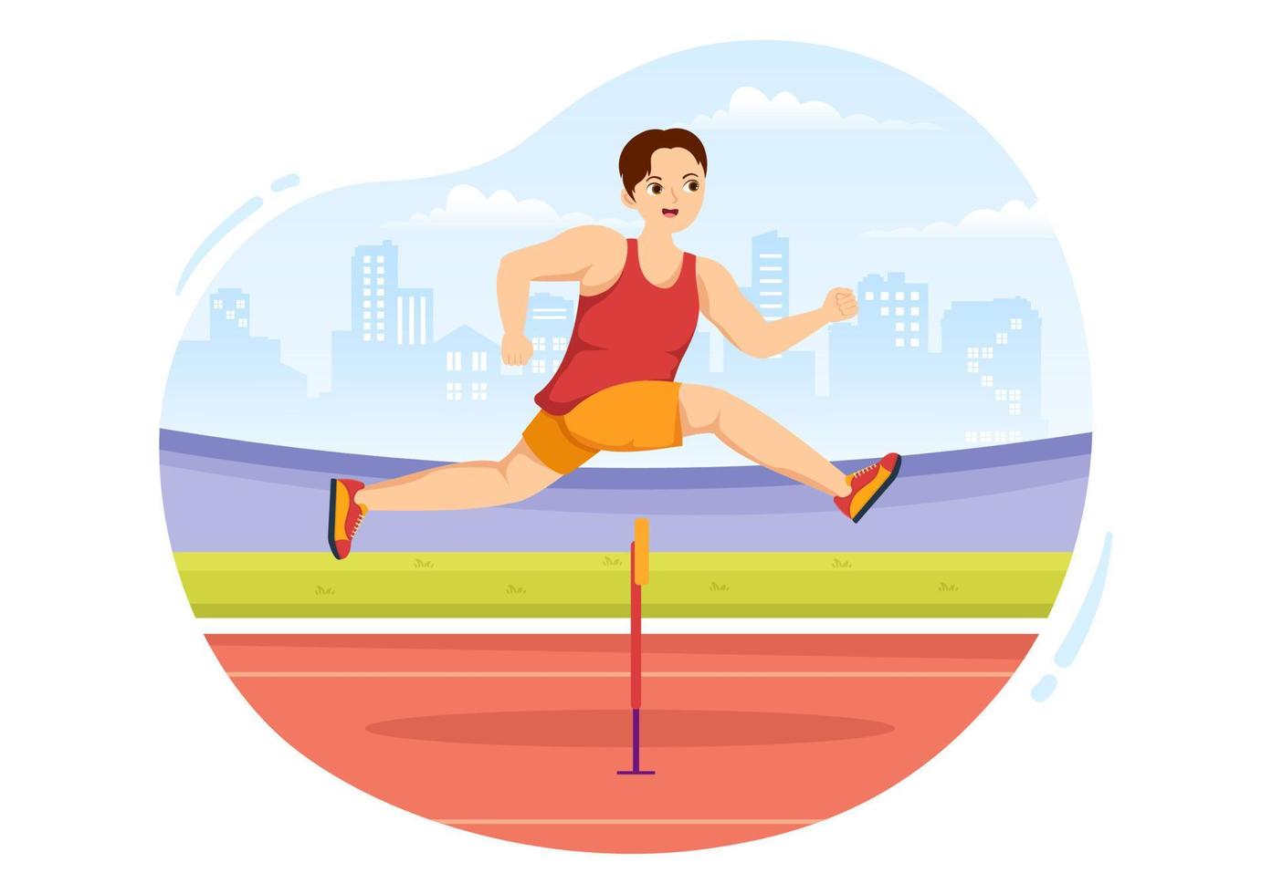 Athlete Run Hurdle Long Jump Sportsman Game Illustration in Obstacle Running for Web Banner or Landing Page in Flat Cartoon Hand Drawn Templates vector