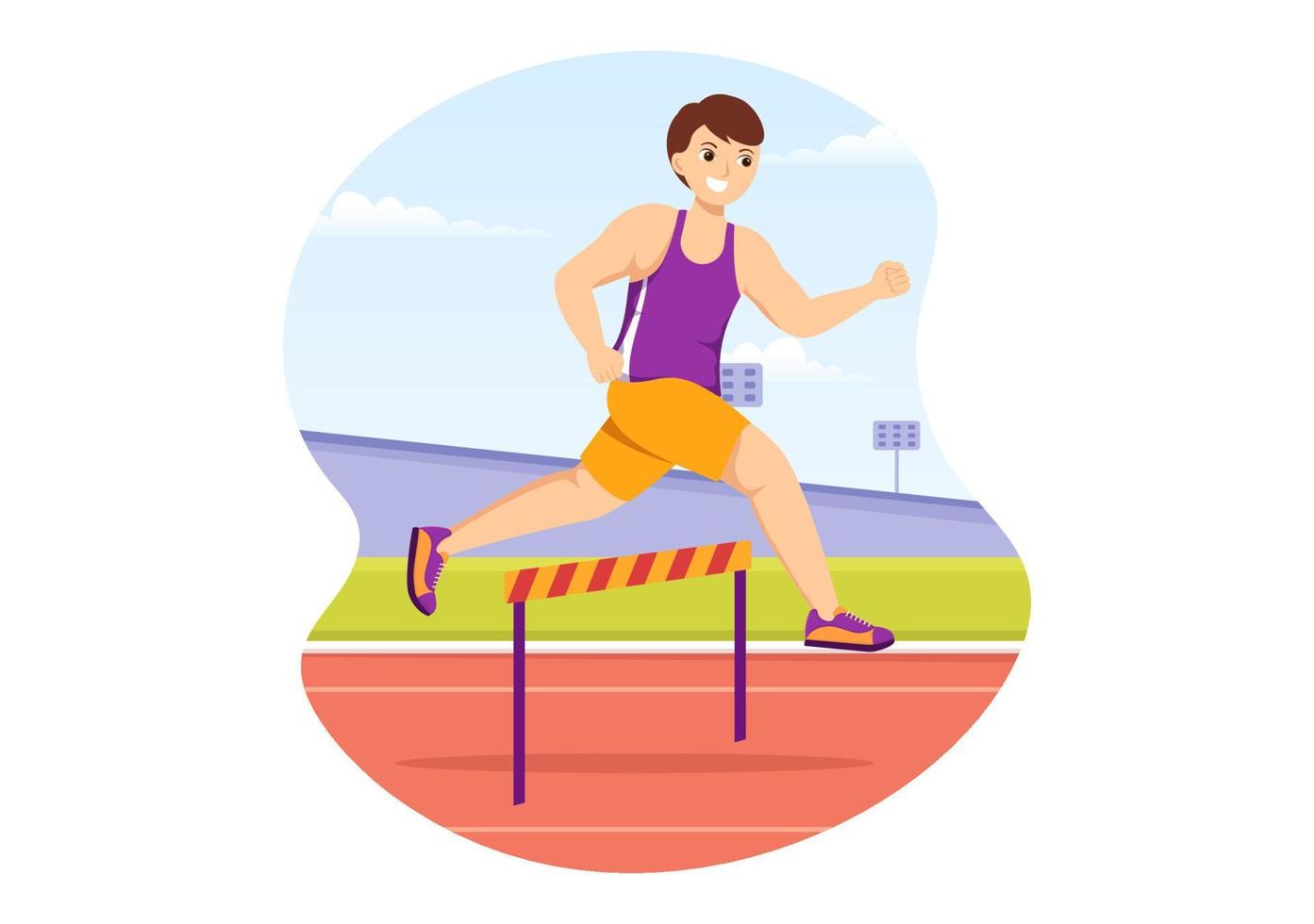 Athlete Run Hurdle Long Jump Sportsman Game Illustration in Obstacle Running for Web Banner or Landing Page in Flat Cartoon Hand Drawn Templates vector