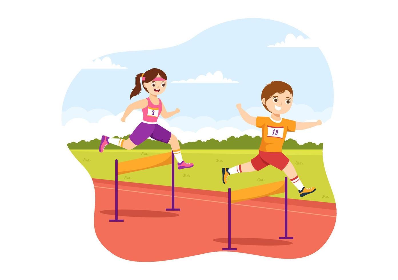 niños atleta correr obstáculo salto largo deportista juego ilustración en obstáculo corriendo para banner web o página de destino en plantillas dibujadas a mano de dibujos animados vector