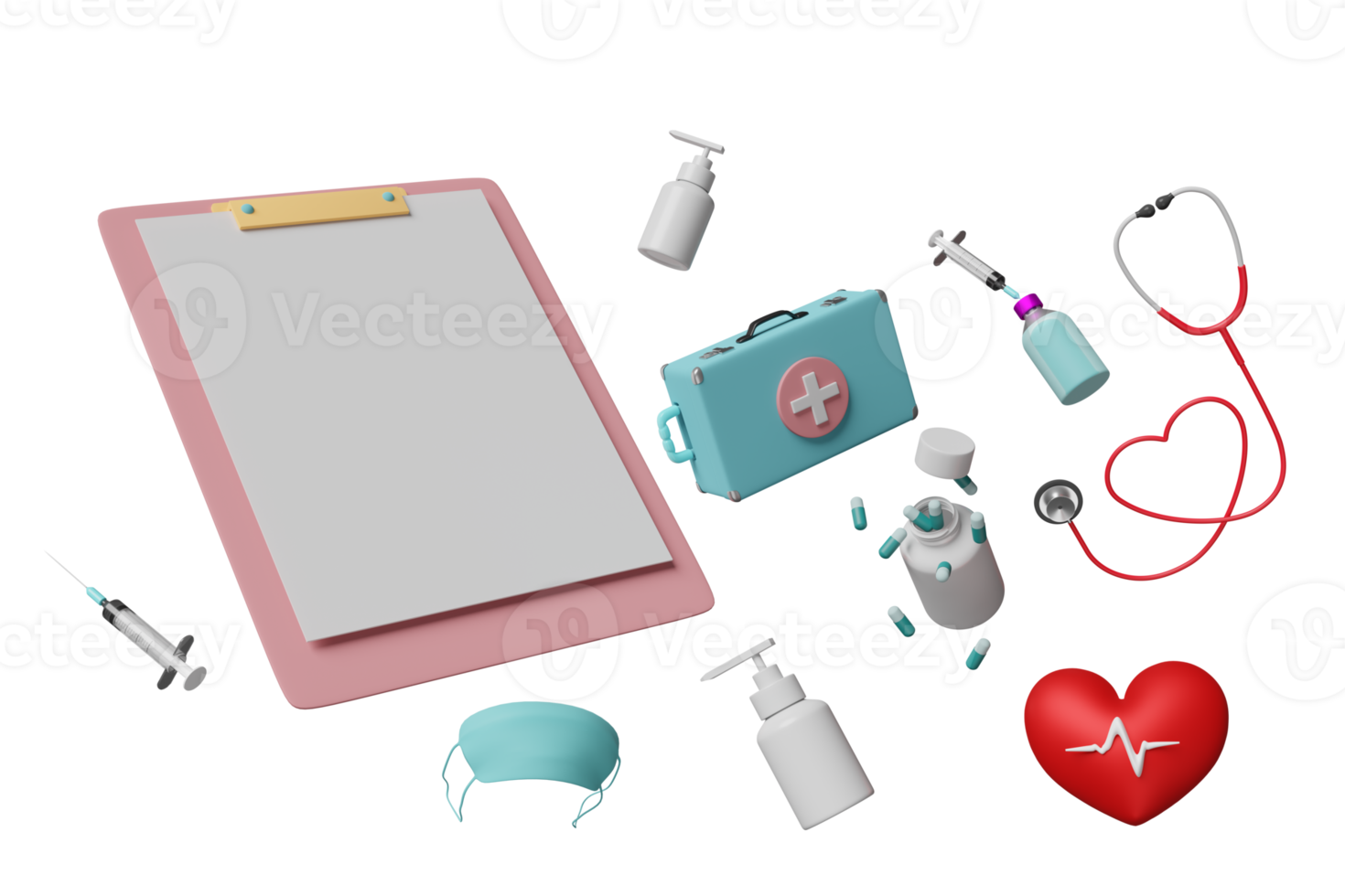 3D-Checklistenvorlage mit Erste-Hilfe-Kit-Tasche, Stethoskop, Spritze, rotem Herz, Blutdruck-Herzfrequenz isoliert. Gesundheit, Liebe oder Weltherztag Konzept, 3D-Darstellung png