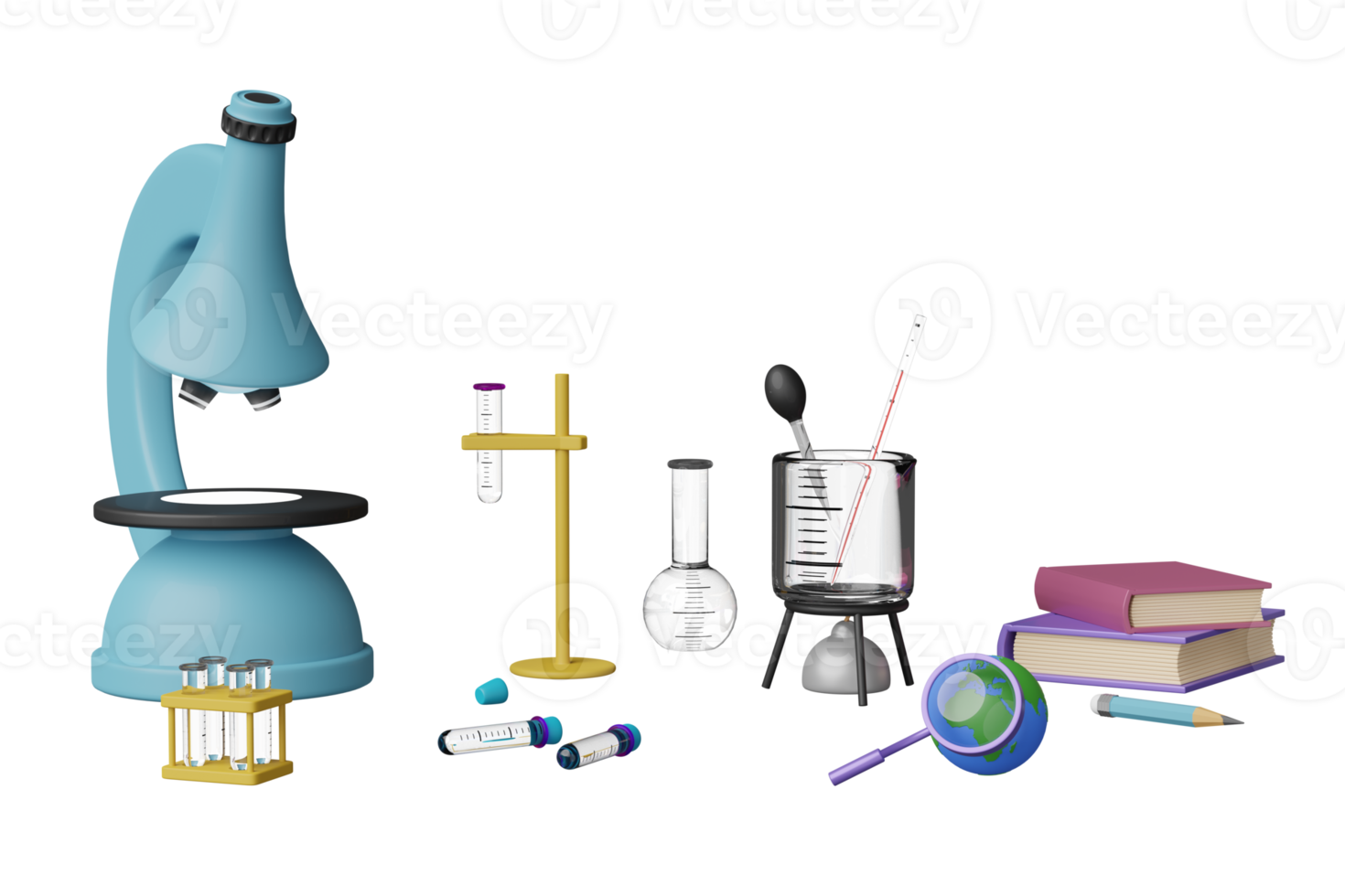 3d wetenschap experiment uitrusting met microscoop, wereldbol, vergroten, beker, test buis geïsoleerd. kamer online vernieuwend opleiding, e-learning concept, 3d geven illustratie png