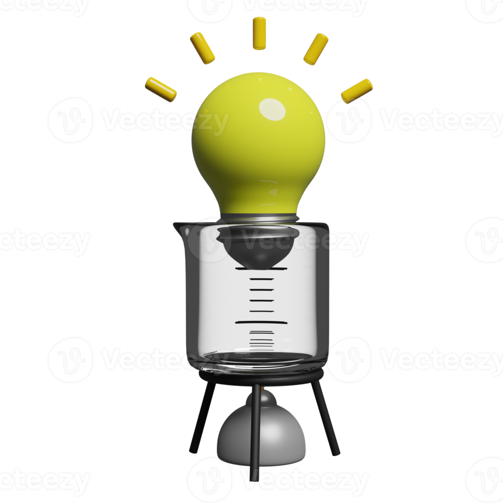 3d science experiment kit with yellow light bulb, beaker, alcohol lamp isolated. idea tip education, knowledge creates ideas, elearning concept, 3d render illustration png