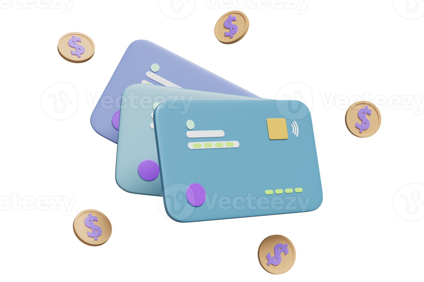 3d credit card stack icon with coins isolated. online shopping, saving money, online payment, business finance, cashless concept, 3d render illustration png