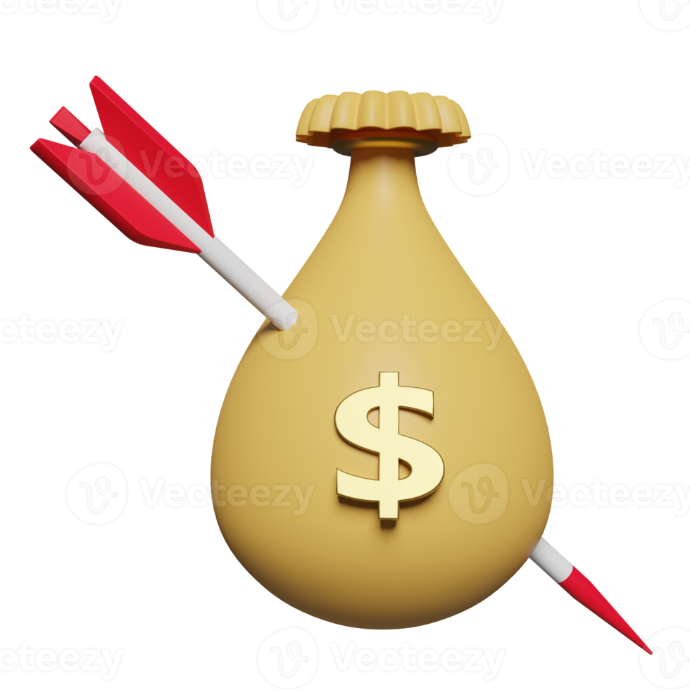 3d money bags dollars with darts or arrow isolated. economic movements or business finance concept. 3d render illustration png