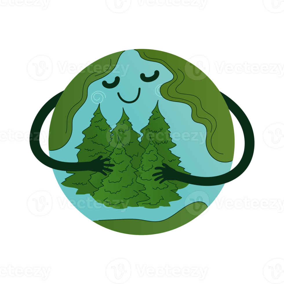 Earth globe character hugging coniferous trees png illustration. Save planet concept. International forest day. Clip art element Isolated on transparent background