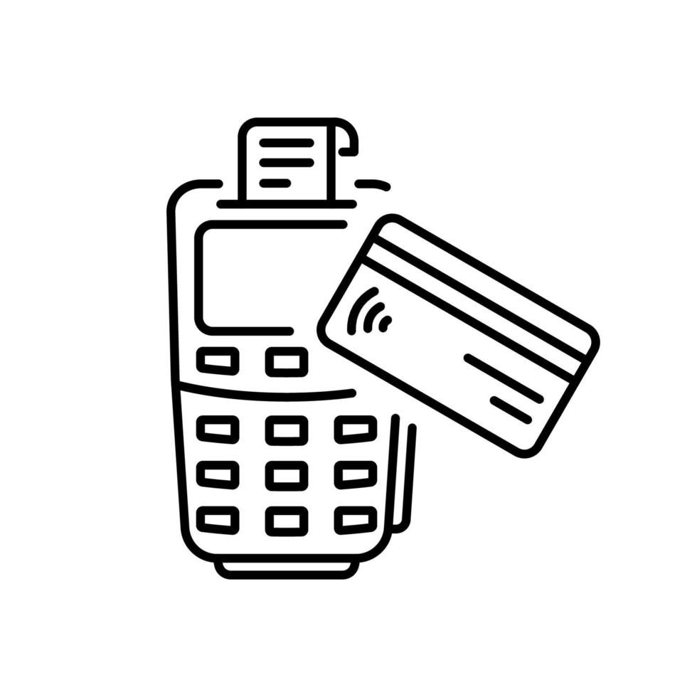 Pos with Credit Card Line Icon. Bank Terminal Machine for Cashless Payment Linear Pictogram. Banking Finance Electronic Money Transaction Outline Icon. Editable Stroke. Isolated Vector Illustration.