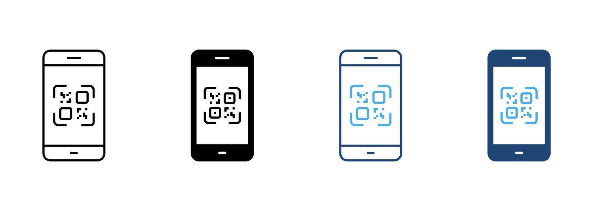 Scan QR Code on Smartphone Line and Silhouette Icon Set. Payment Scanner in Mobile Phone Pictogram. Square Barcode App for Pay Symbol Collection on White Background. Isolated Vector Illustration.