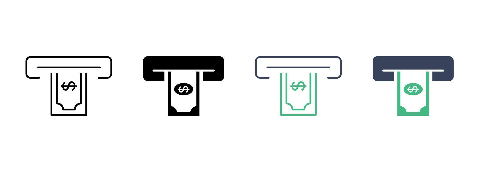 Withdraw Money in ATM Line and Silhouette Icon Set. Removing and Insert Cash to ATM Bank Service Pictogram. Payment Transaction Symbol Collection on White Background. Isolated Vector Illustration.