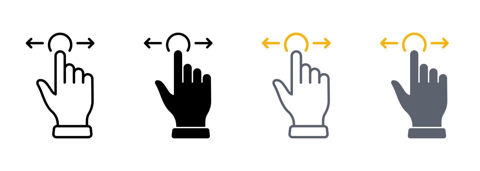 Swipe Gesture Line and Silhouette Color Icon Set. Hand Cursor of Computer Mouse Pictogram. Pointer Finger Press Touch Click Symbol Collection on White Background. Isolated Vector Illustration.