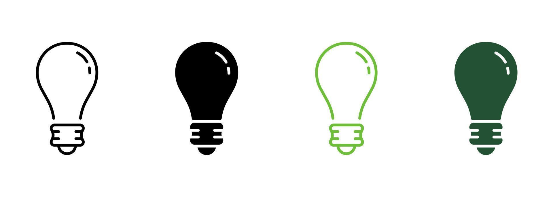 Lightbulb Low Energy Electricity Line and Silhouette Icon Set. Light Bulb Electric Energy Pictogram. Innovation, Inspiration, Think, Solution, Idea Lamp Concept Icon. Isolated Vector Illustration.