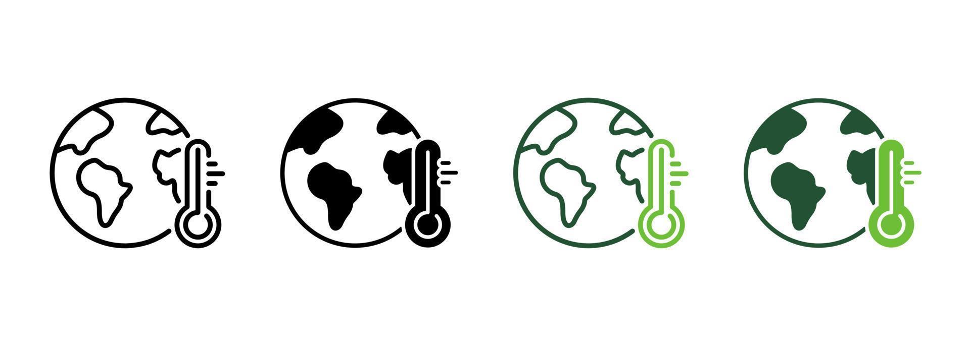 Earth and Thermometer Line and Silhouette Icon Set. Global Climate Change. Planet Heat Temperature, Danger Ecological Problem Symbol Collection on White Background. Isolated Vector Illustration.