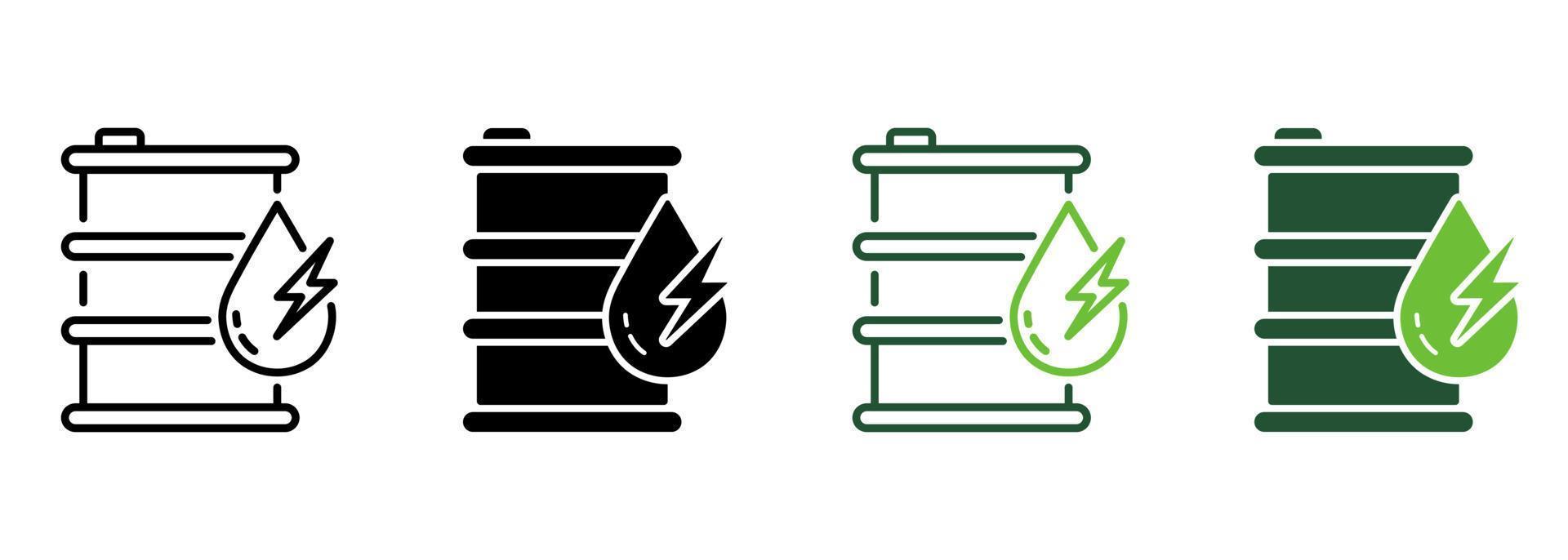 Metal Gas Tank Container with Diesel Line and Silhouette Icon Color Set. Petrol Energy Gallon with Drop and Lightning. Barrel for Oil Drum Symbols on White Background. Isolated Vector Illustration.