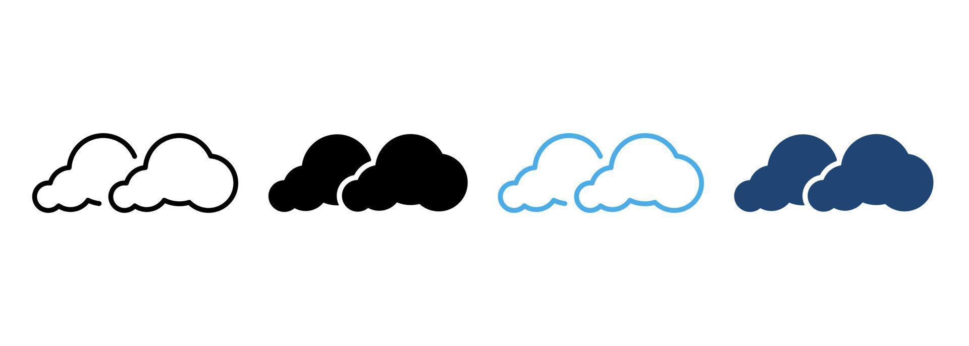 humo en línea de forma de nube y conjunto de colores de icono de silueta. aire smog, clima tóxico. gas de dióxido en la colección de símbolos de cielo esponjoso sobre fondo blanco. vapor de exhalación. ilustración vectorial aislada. vector
