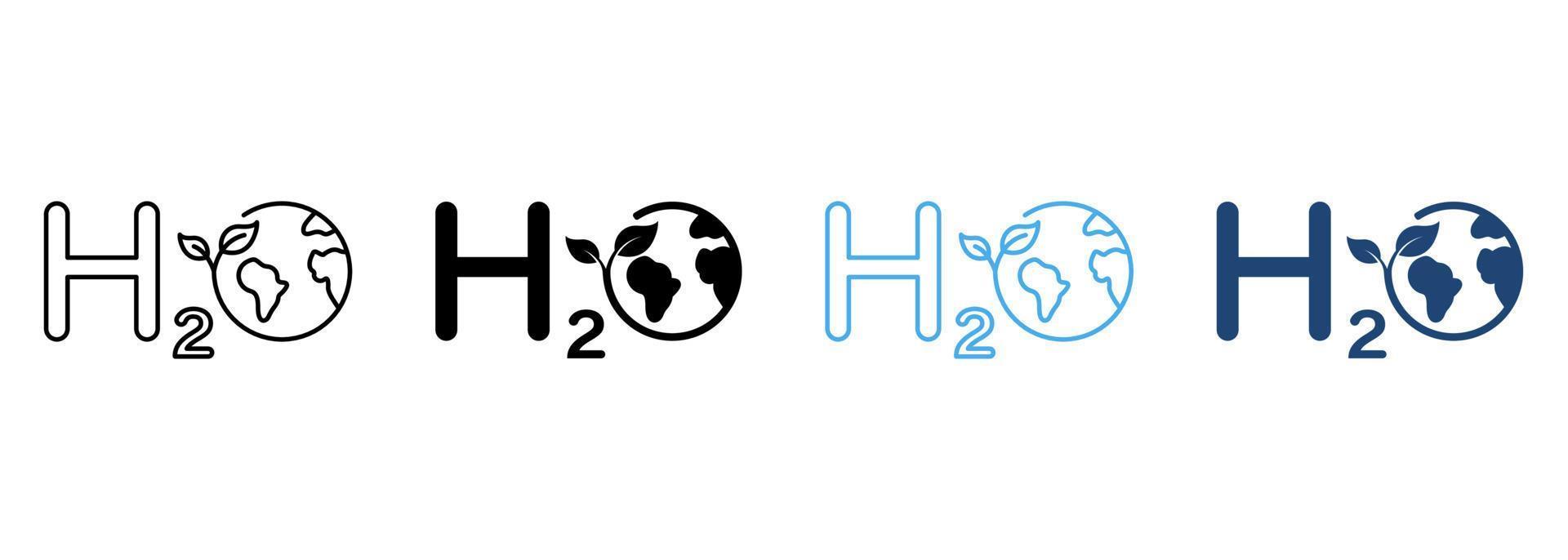 H2O Ecology Line and Silhouette Icon Color Set. Eco Water Chemistry Formula with Globe and Leaf Symbol Collection on White Background. Aqua with Earth Nature Environment. Isolated Vector Illustration.