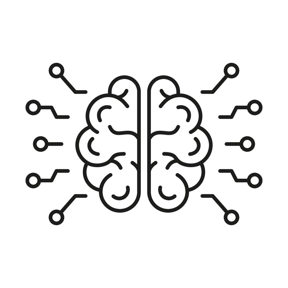 Artificial Intelligence Line Icon. Human Brain and Network Technology Linear Pictogram. AI, Innovation Neuroscience Concept Outline Icon. Editable Stroke. Isolated Vector Illustration.