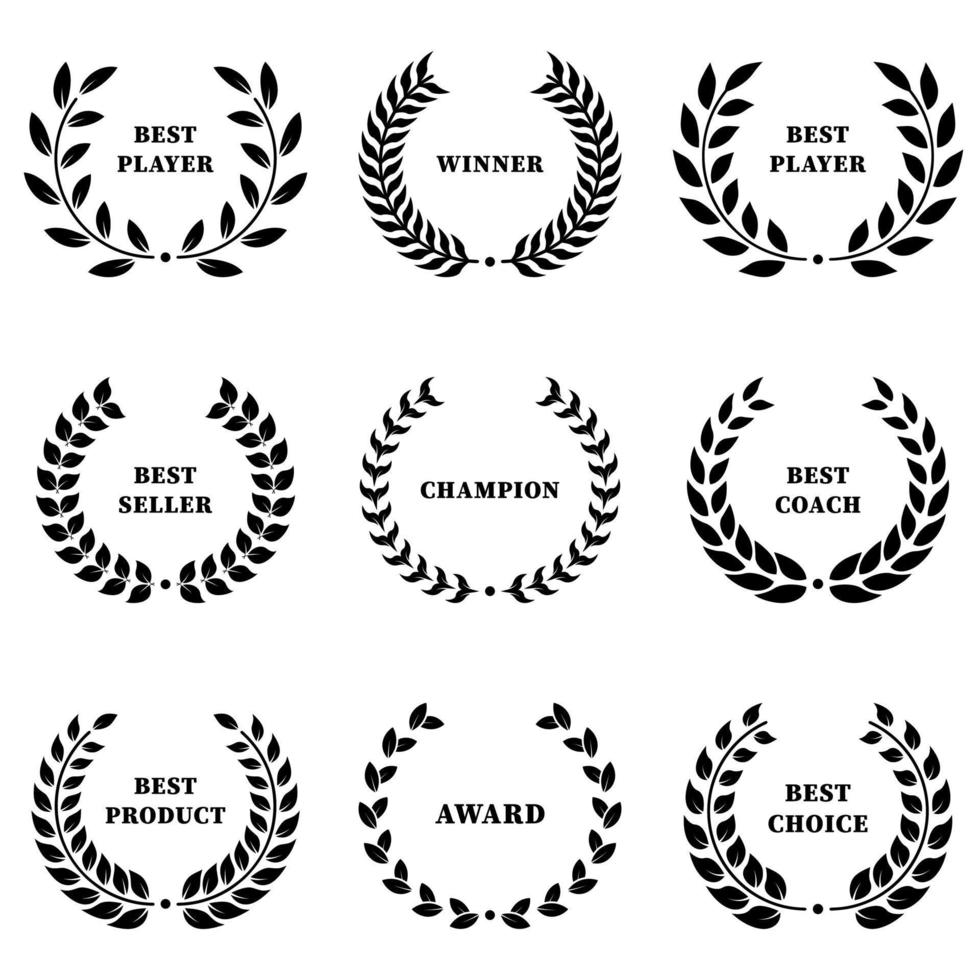 Chaplet for Success Winner Silhouette Black Icon Set. Laurel Wreath Sheet Award Achievement Pictogram. Victory Champion Circle Leaf Olive Branch Reward Best Choice. Isolated Vector Illustration.