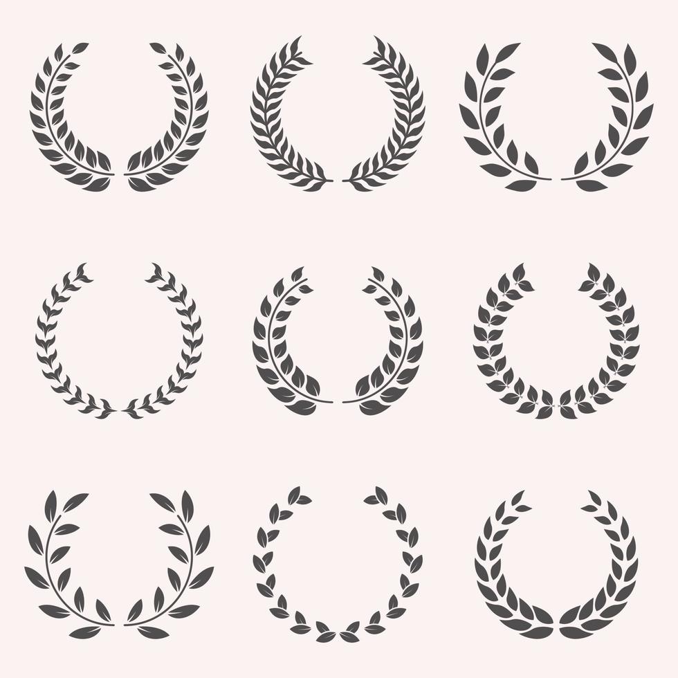 Olive Leaves Branch Award Silhouette Icon. Laurel Wreath, Success Round Ornament Pictogram, Victory Emblem Set. Champion Reward Chaplet Symbol. Accomplishment Triumph. Isolated Vector Illustration.