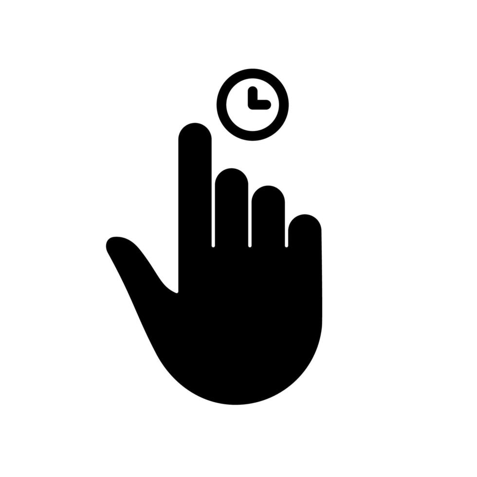 Cursor Hand Computer Mouse Silhouette Icon. Pointer Finger Black Glyph Pictogram. Click Press Double Tap Touch Swipe Point Gesture on Cyberspace with Clock Sign. Isolated Vector Illustration.