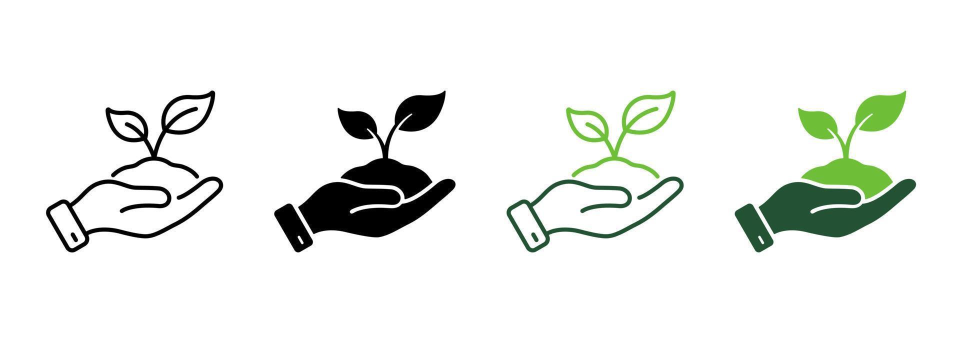 línea de plántulas orgánicas ecológicas y conjunto de iconos de silueta. entorno de árbol ecológico de crecimiento. planta en la colección de símbolos de mano humana sobre fondo blanco. concepto de agricultura. ilustración vectorial aislada. vector