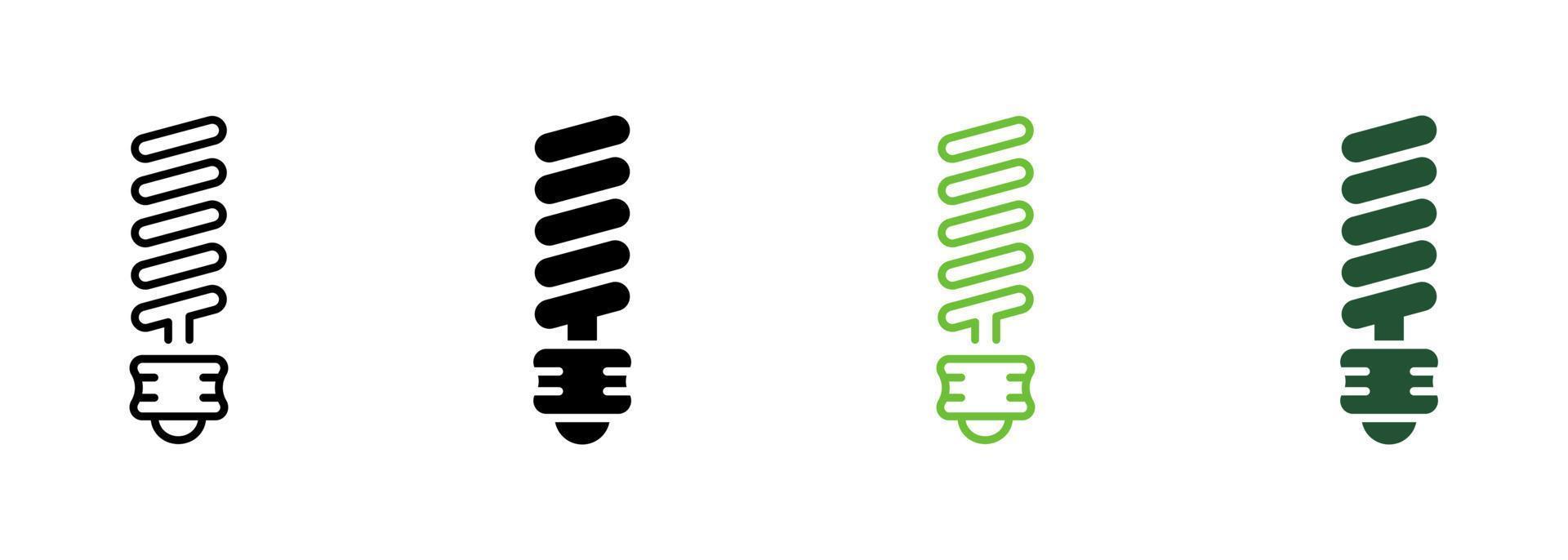 Spiral Lightbulb Electrical Equipment Line and Silhouette Icon Color Set. Light Bulb Ecology Power Pictogram. Low-Energy Light Bulb Symbol Collection on White Background. Isolated Vector Illustration.