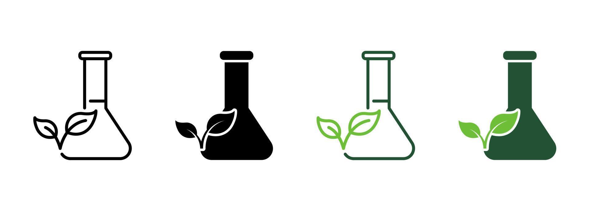 Flask with Leaf Line and Silhouette Icon Color Set. Biology Research