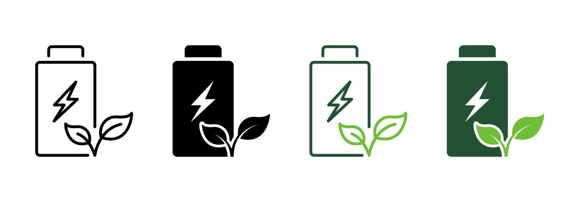 Rechargeable Accumulator with Leaf and Lightning Line and Silhouette Icon Set. Renewable Battery Pictogram. Eco Green Energy Symbol Collection on White Background. Isolated Vector Illustration.