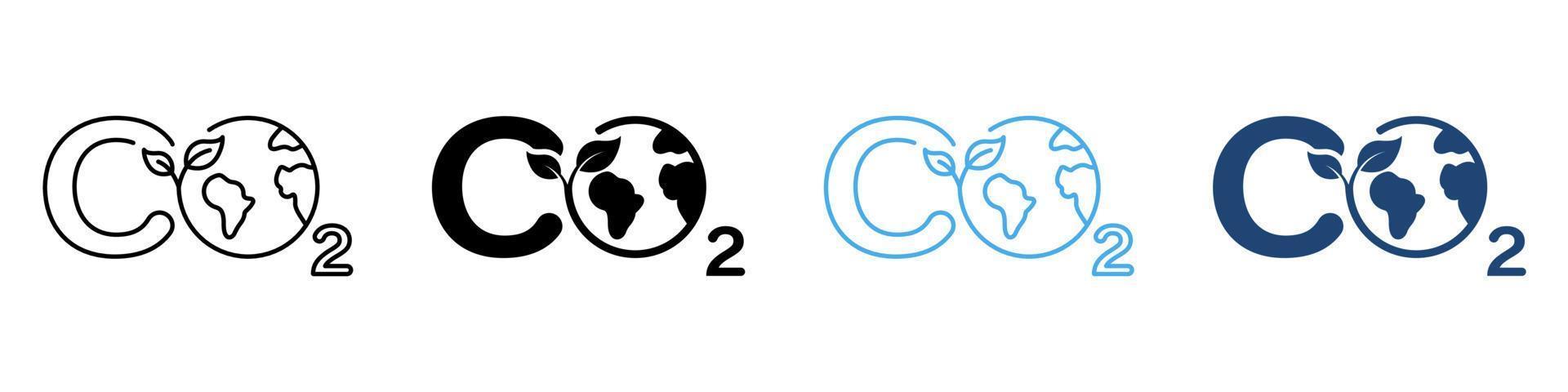 CO2 Sign with Globe and Leaf Line and Silhouette Icon Color Set. Reduction Emission. Carbon Pollution on Earth Symbols on White Background. Sustainability Climate. Isolated Vector Illustration.