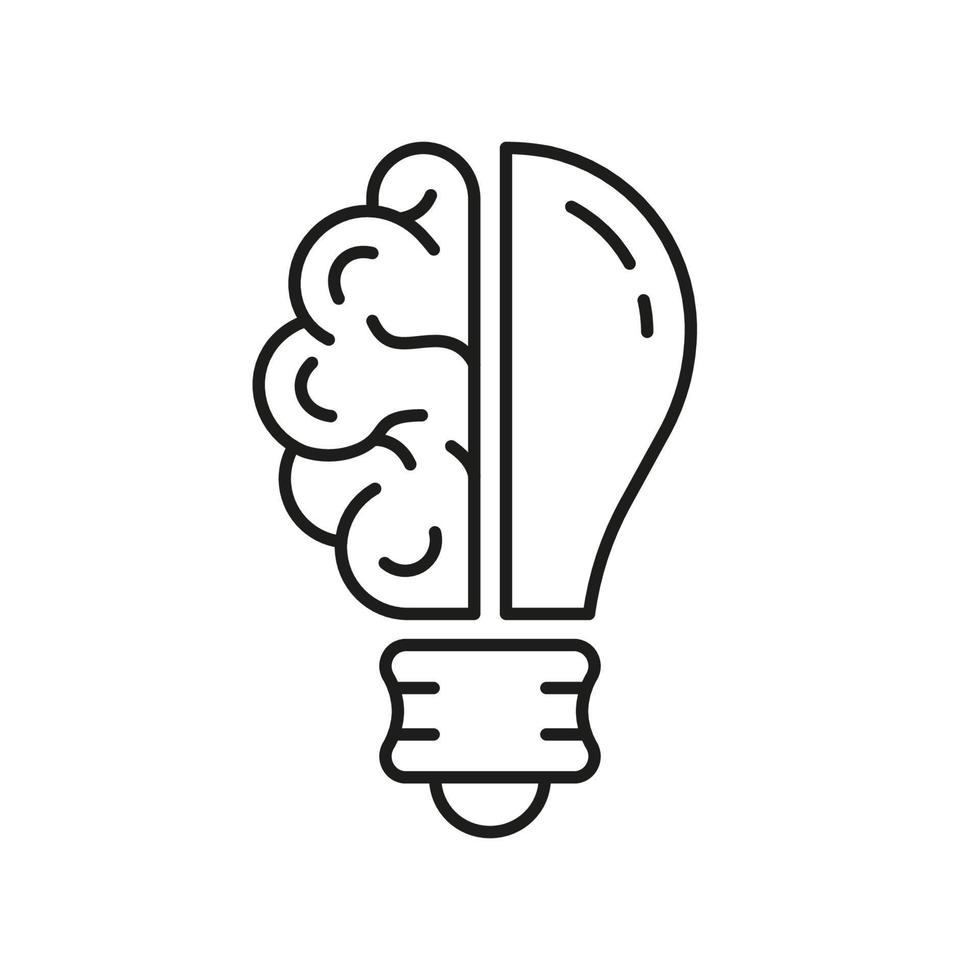 Human Brain and Lightbulb Creative Idea Concept Line Icon. Light Bulb Inspiration, Knowledge, Smart Solution Linear Symbol. Innovation Outline Sign. Editable Stroke. Isolated Vector Illustration.