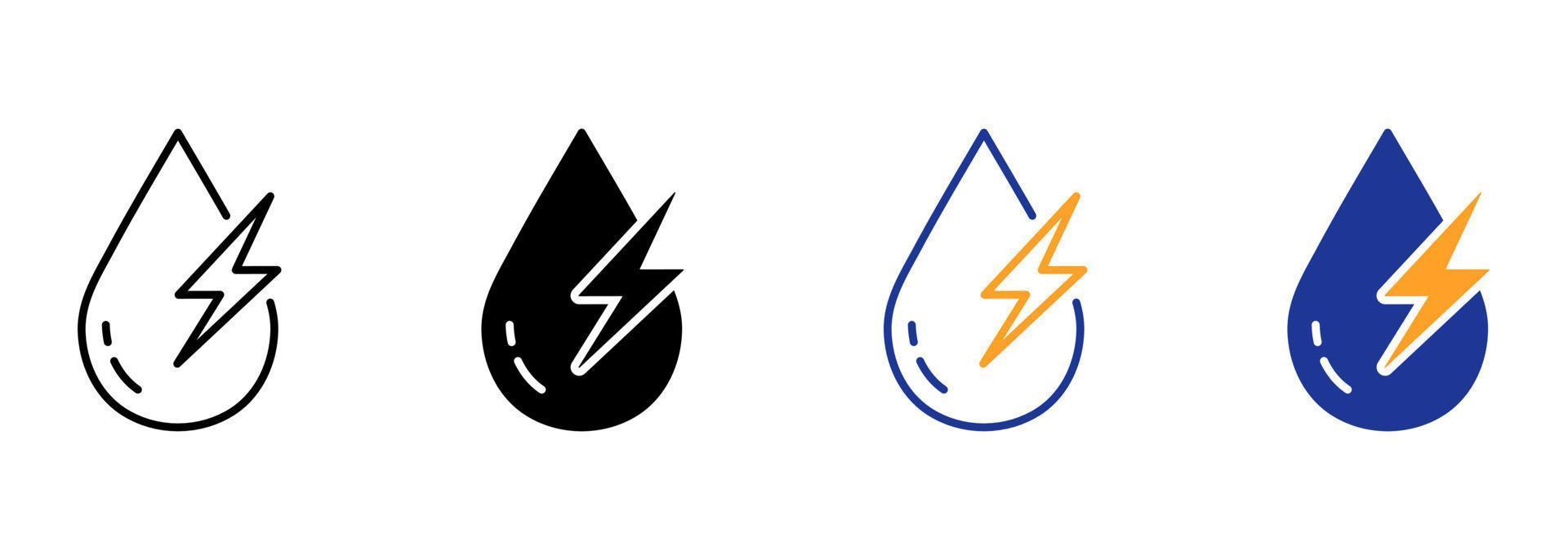 Water Energy Line and Silhouette Icon Color Set. Water Drop with Lightning Pictogram. Nature Eco Power Symbol Collection on White Background. Environmental Green Energy. Isolated Vector Illustration.