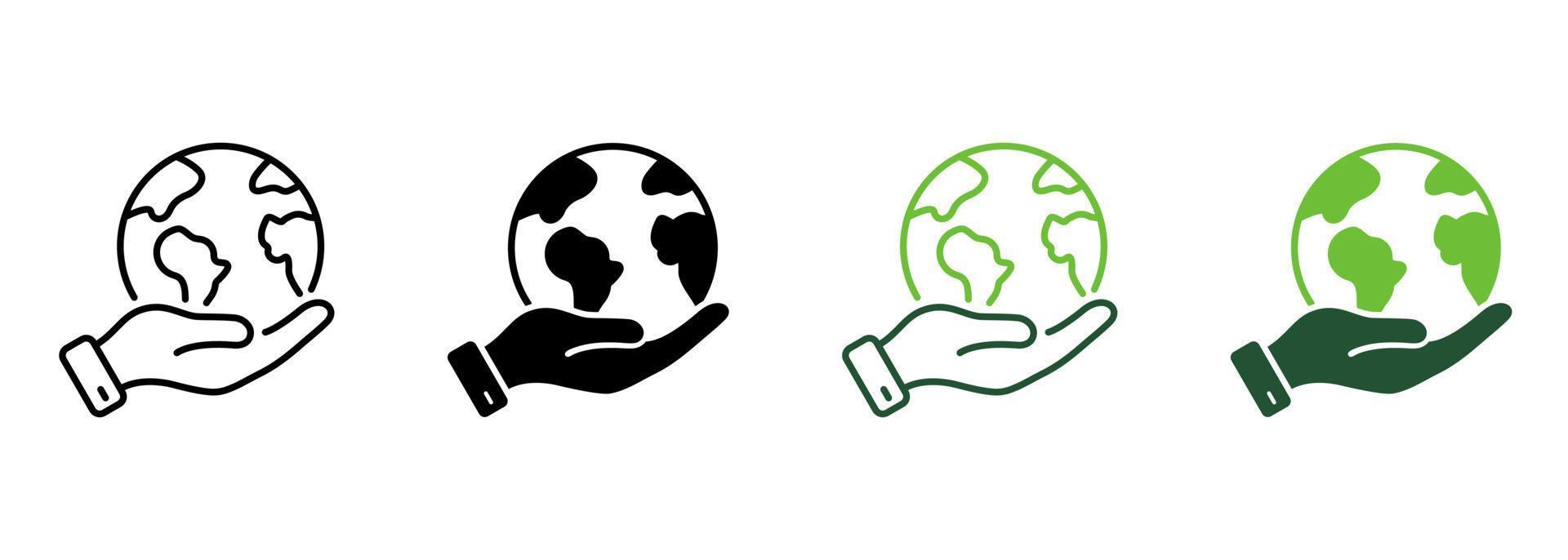 Hand Hold Planet Earth Line and Silhouette Icon Set. Human Protect Environmental Bio Pictogram. Global Peace, Support, Help, Save Symbol Collection on White Background. Isolated Vector Illustration.