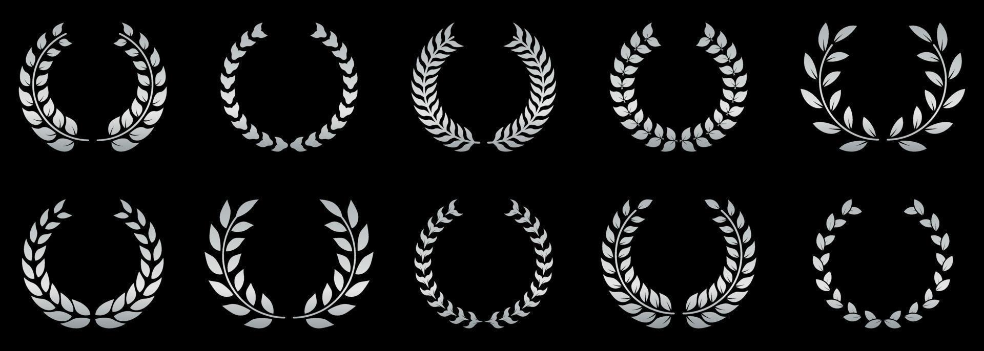 Black Chaplet Nominate Winner Silhouette Icon Set. Twig Achievement Tree Branch Leaf Victory Reward Certified. Circle Black Laurel Wreath Success Pictogram. Glory Crest. Isolated Vector Illustration.