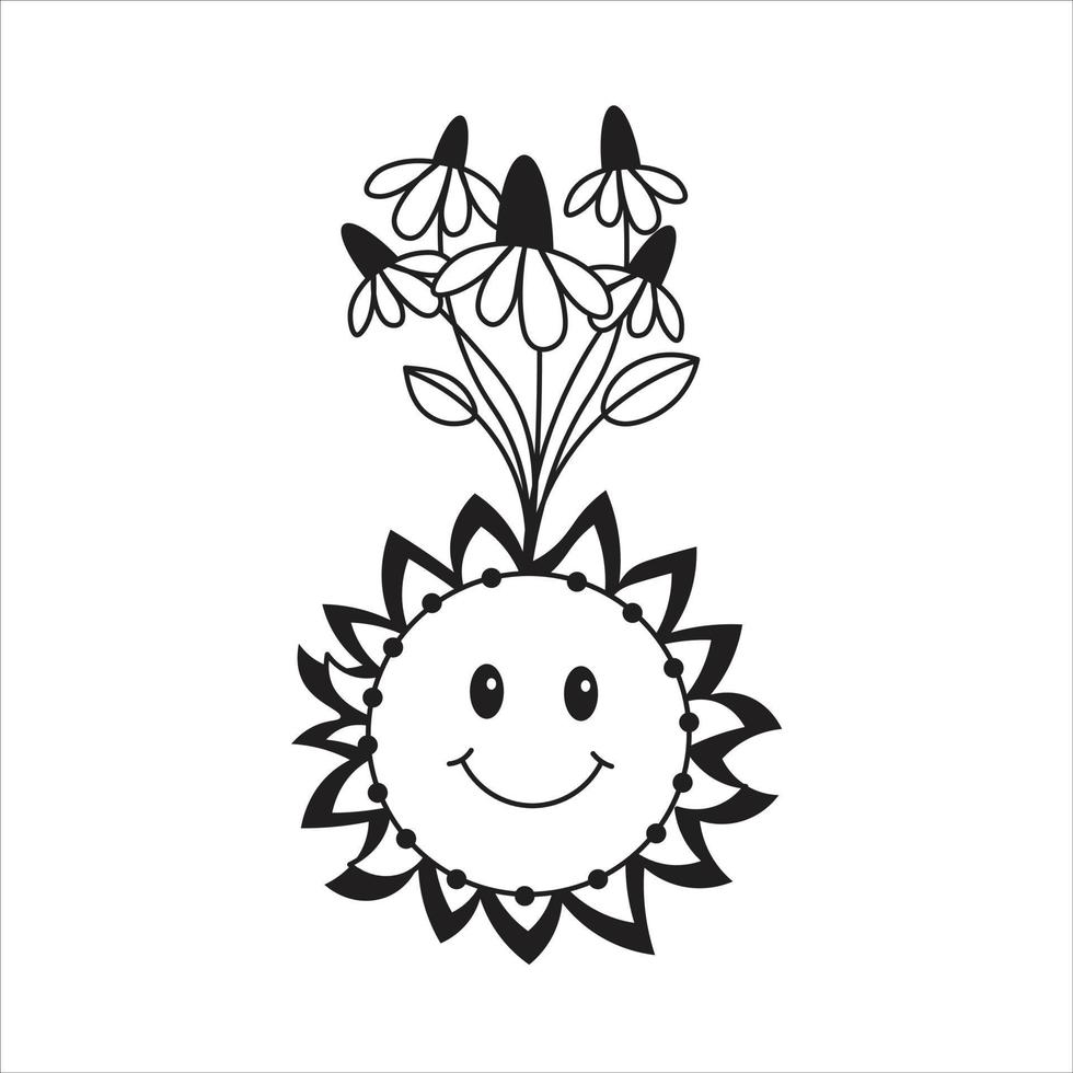 personaje de sol retro con flores vector