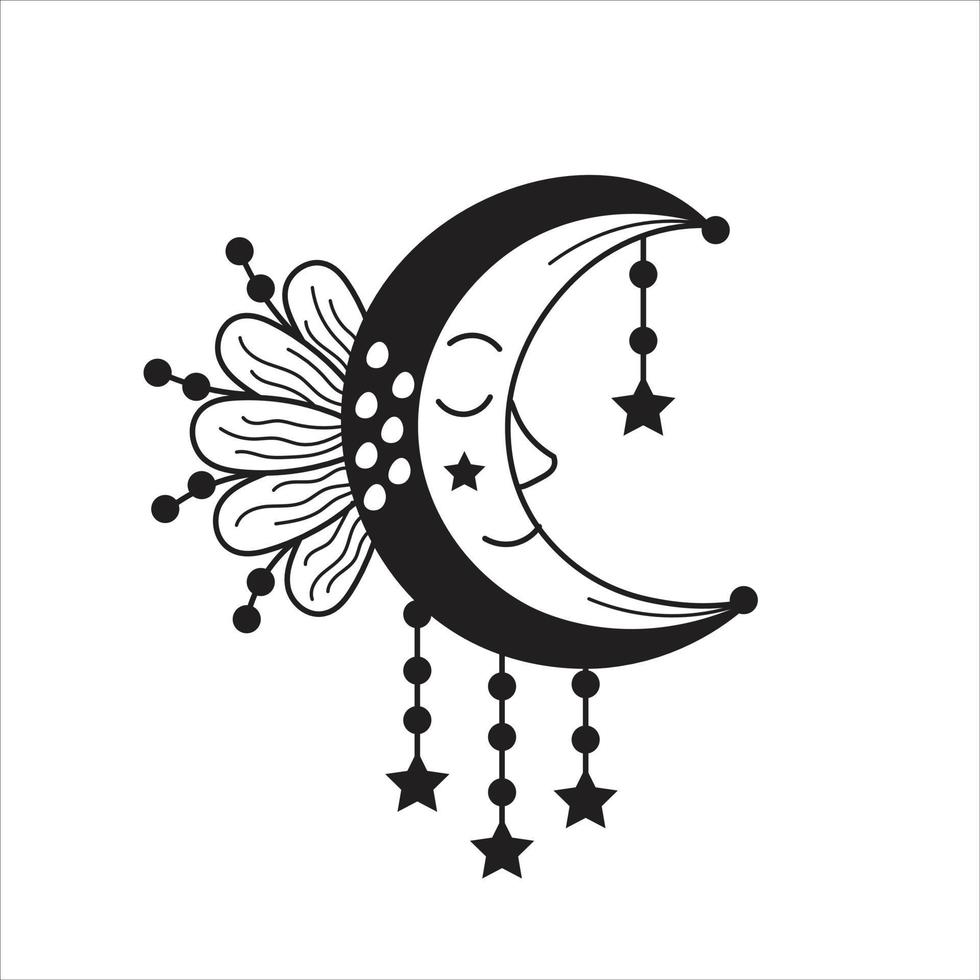 media luna dormida en estilo boho doodle vector