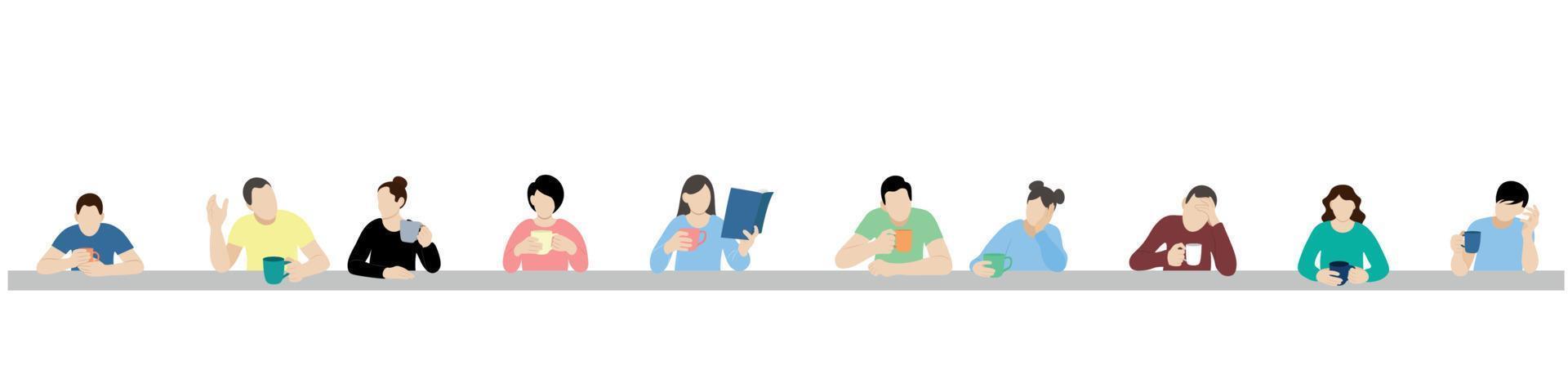 Guys and girls with cups in their hands are sitting at a very long table, flat vector, isolate on white, faceless illustration, cafe concept, tea party vector