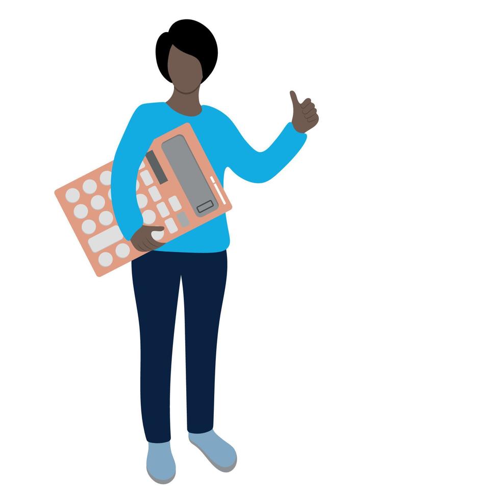 A black girl with a huge calculator in her hands, thumb up, flat vector, isolate on white, accountant, office worker, faceless illustration vector