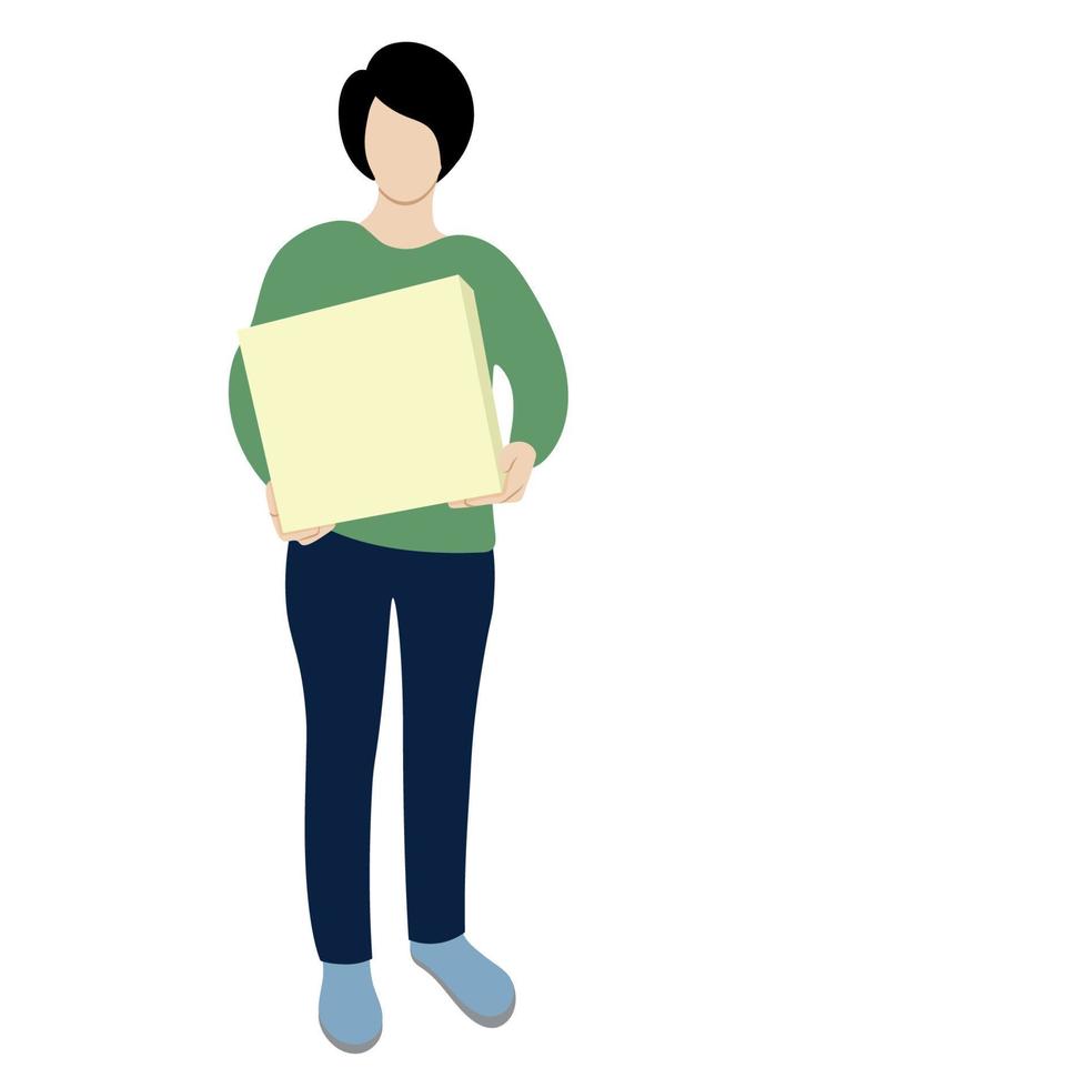 Girl with a big box in her hands, flat vector, isolated on white, faceless illustration, delivery vector