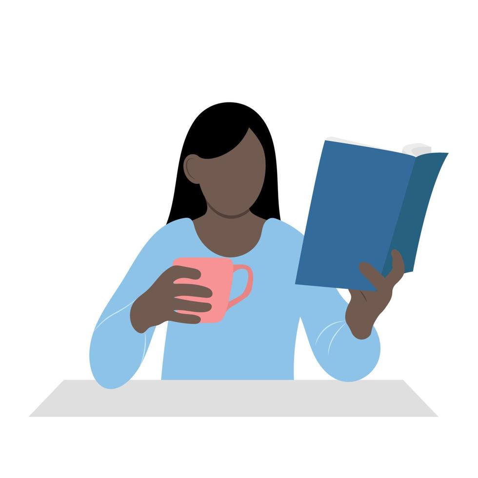 retrato de una chica negra con una taza y un libro en las manos en la mesa, vector plano, aislada en una ilustración blanca, sin rostro