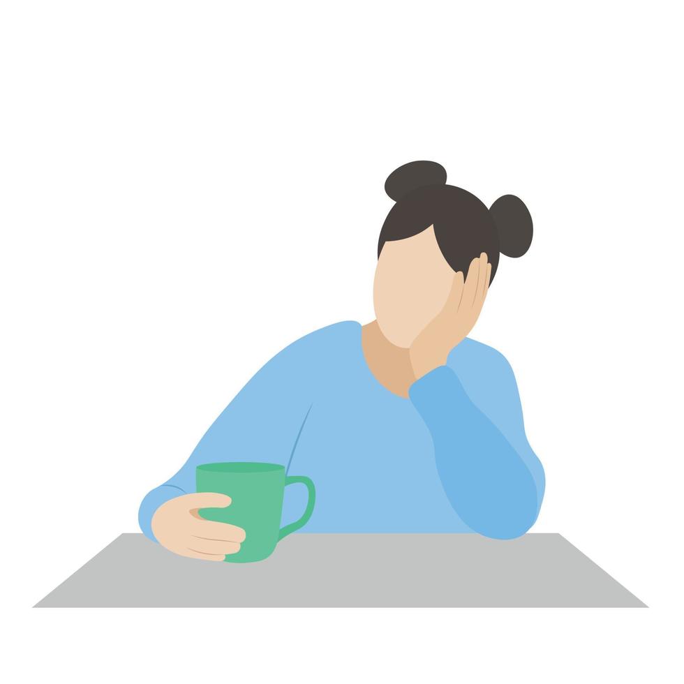 retrato de una chica con una taza en las manos en la mesa, vector plano, aislada en blanco, ilustración sin rostro, pausa para el café