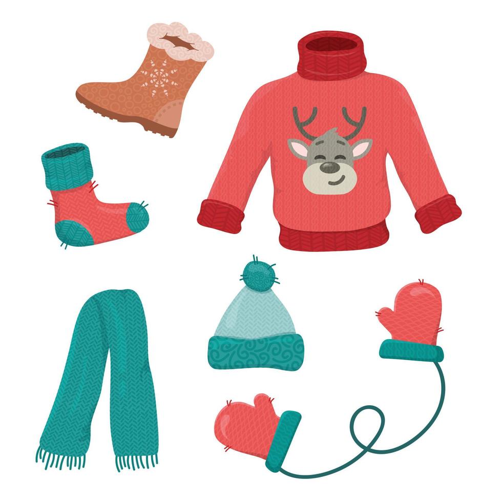 Vector illustration of winter clothes collection with texture in red and green. Knitted scarf and hat, sock, gloves, sweater in Christmas style isolated on white background in cartoon flat style.